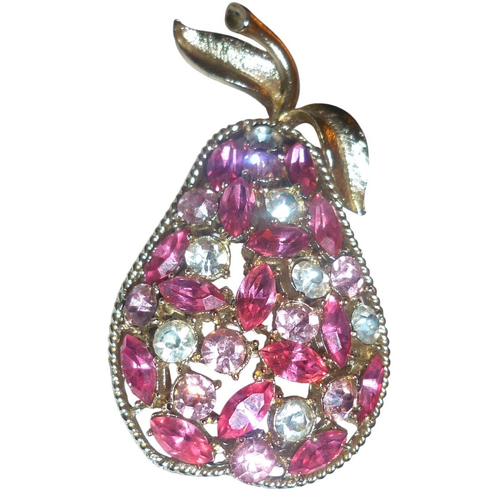 Vintage Coro Signed Pink Rhinestone Pear Brooch Fruit‎ Pin Gold Tone Marquise